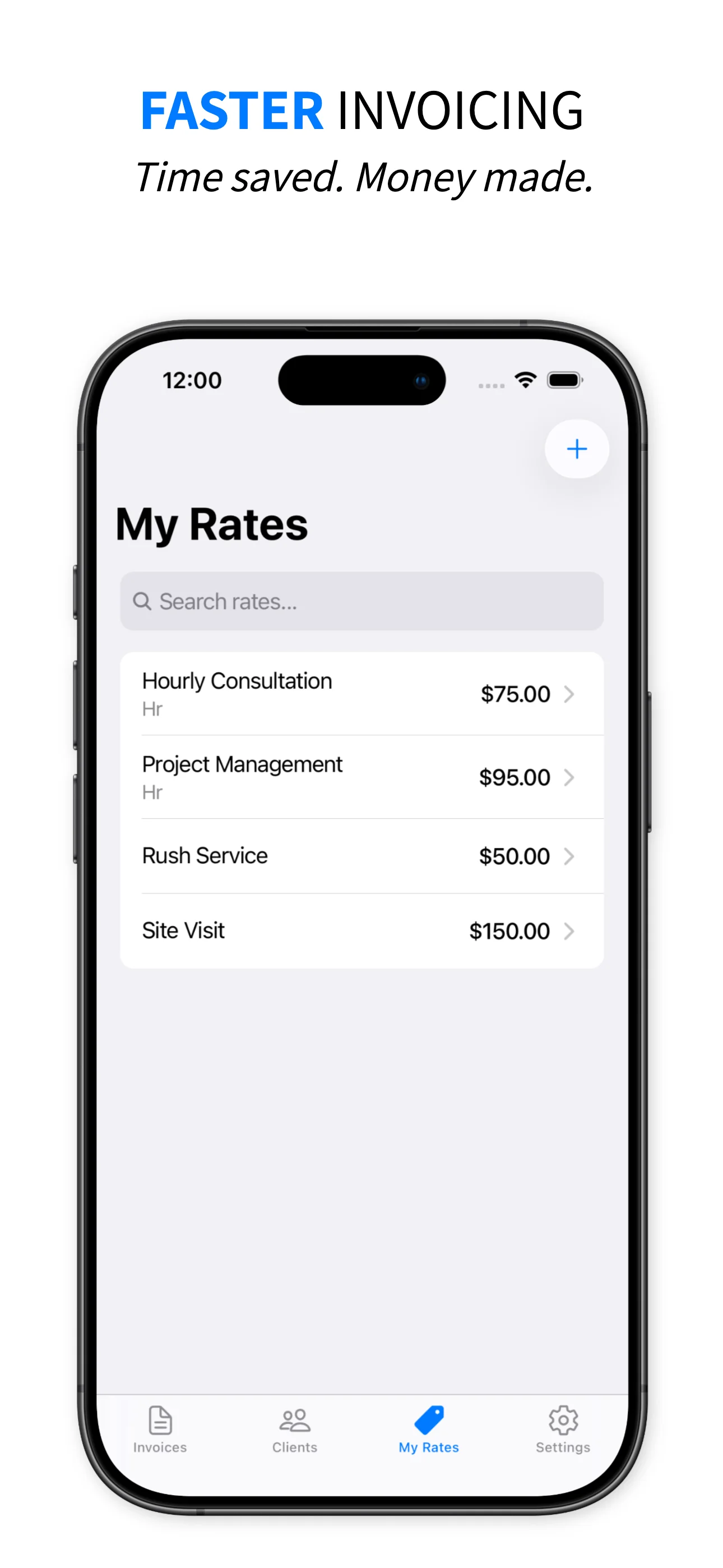 Paper Invoice - Faster Invoicing My Rates view with saved hourly rates for quick invoice creation