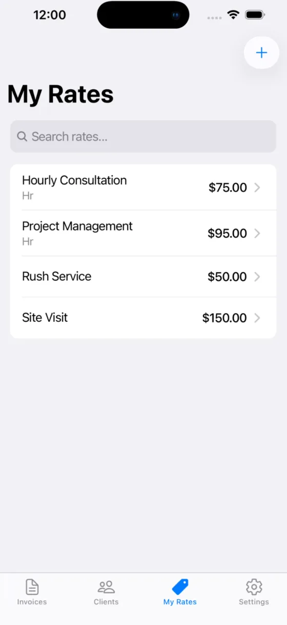 Faster invoicing. Saved hourly and flat rates, ready for the next invoice.