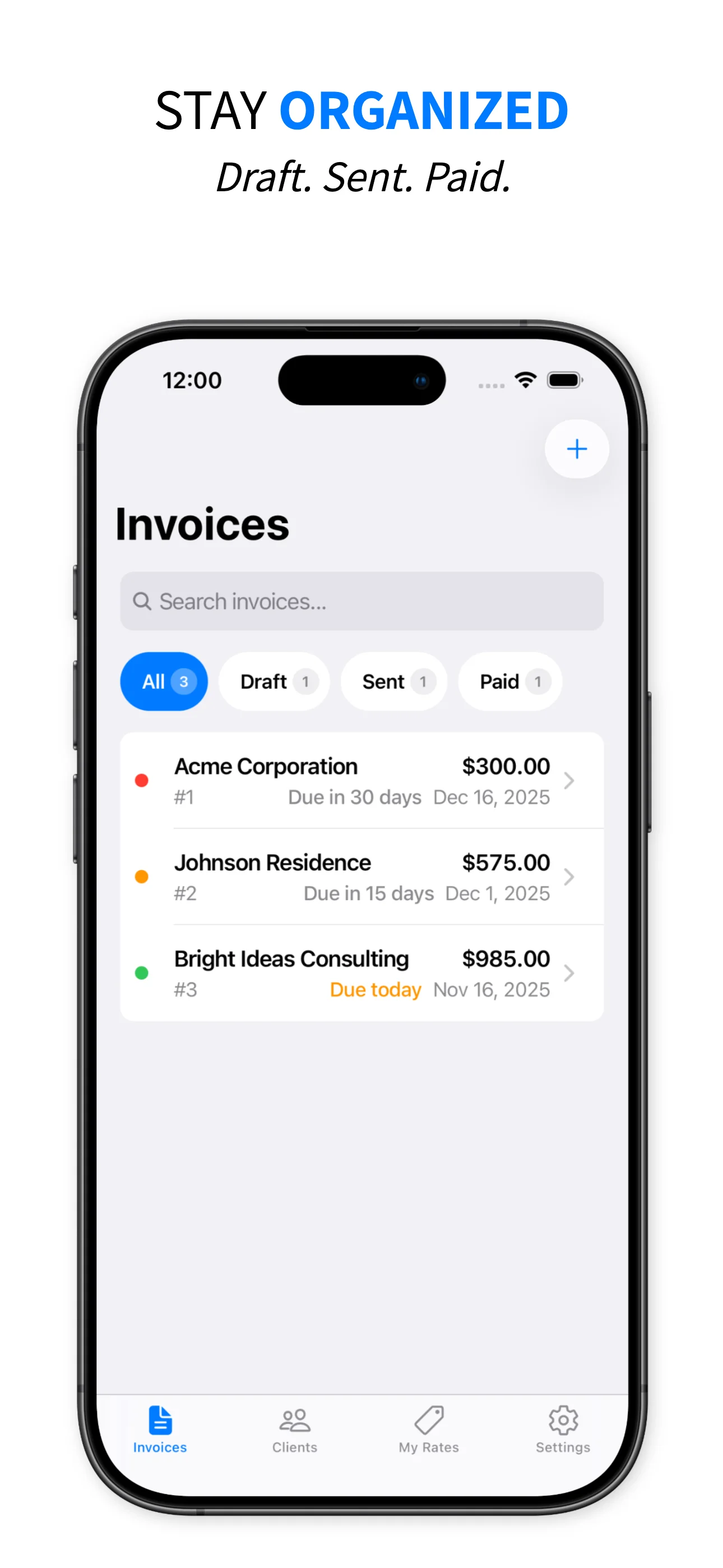 Paper Invoice - Stay Organized Invoice list view showing draft, sent, and paid invoices with status indicators