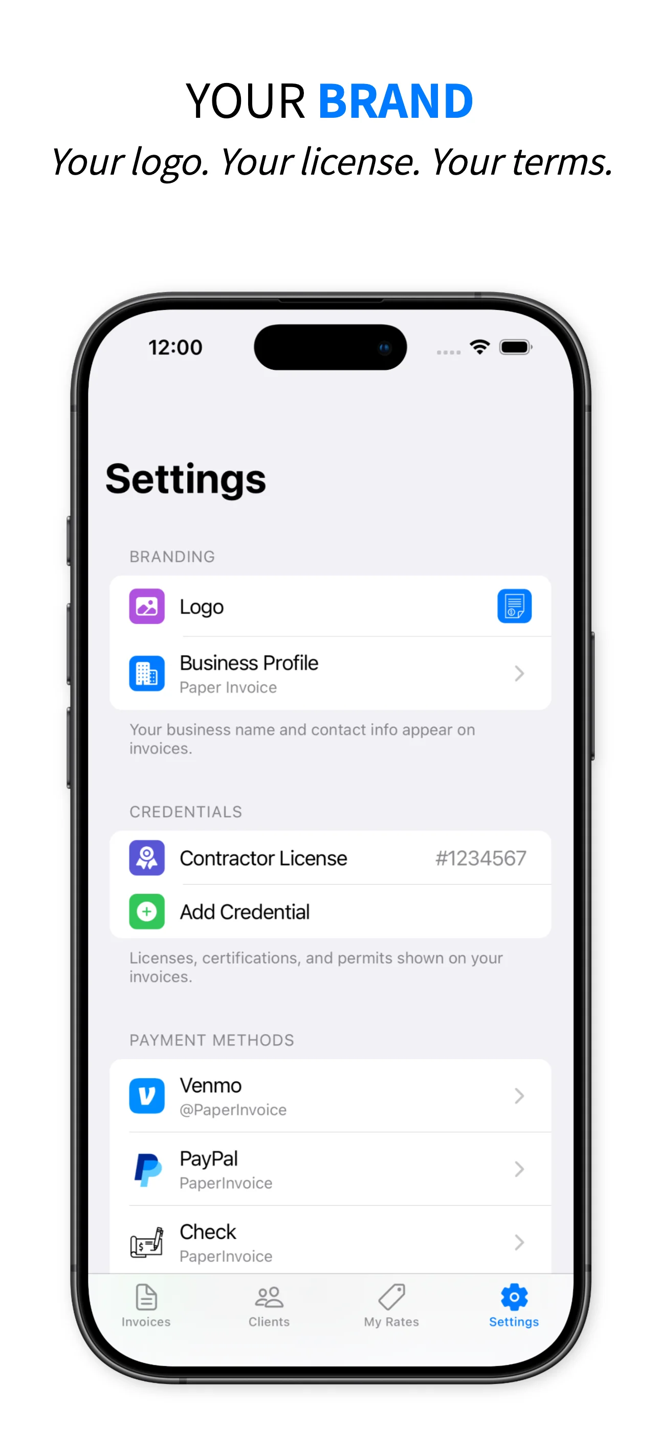 Paper Invoice - Your Brand Settings screen with branding, credentials, and payment method options
